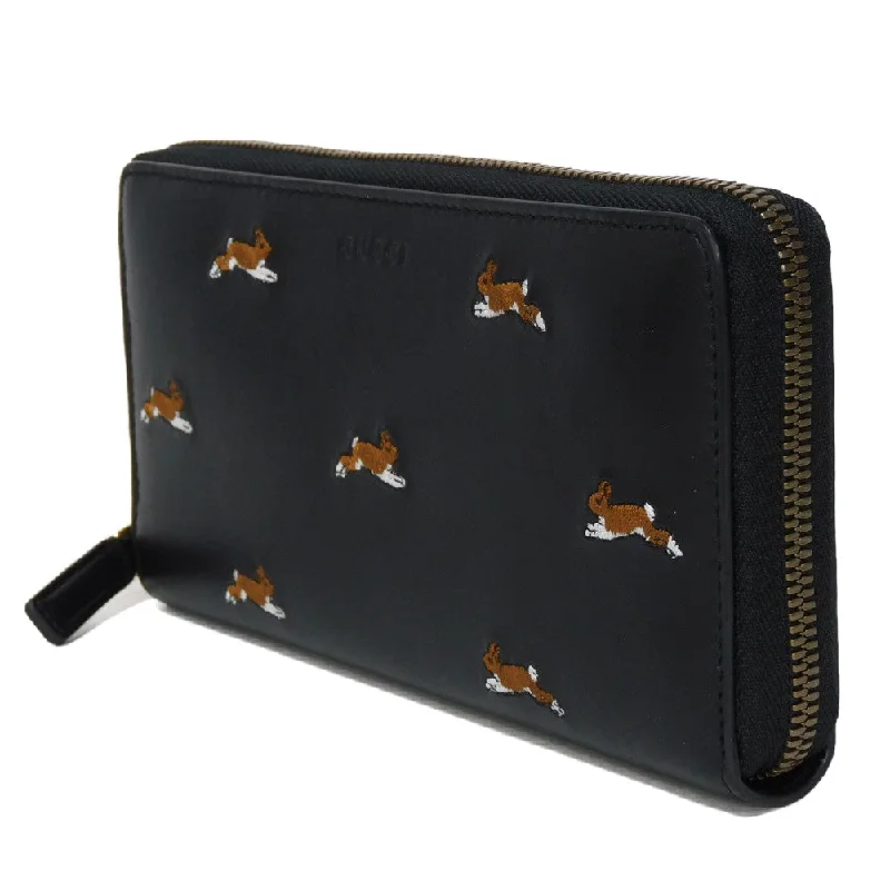 GUCCI Long Wallet Purse 428785 Smooth Calfskin Leather black Logo embossing Rabbit embroidered zip-around wallet Women(Unisex) Used