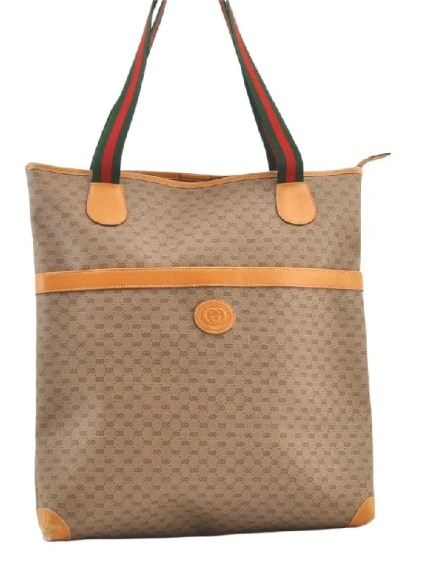 Authentic GUCCI Web Sherry Line Micro GG PVC Leather Tote Bag Brown 1278K