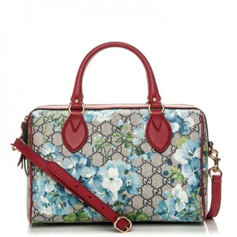 Gucci Boston Small Blooms Top Handle Signature Blue Gg Coated Canvas Satchel