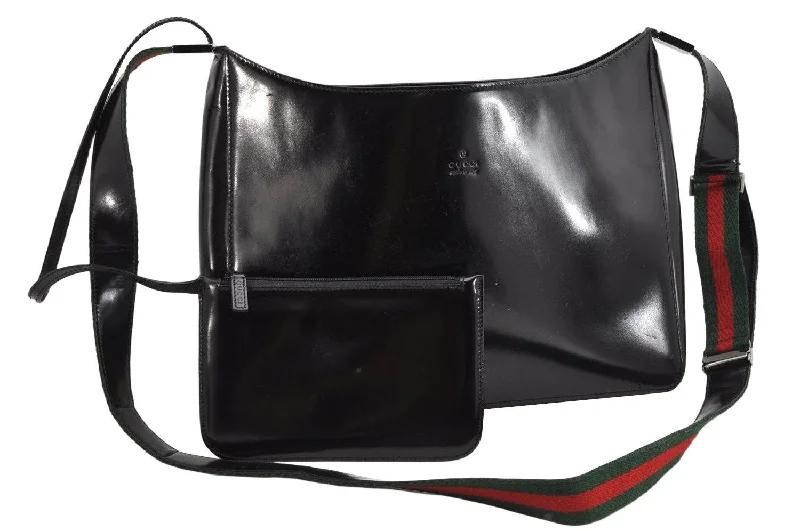 Authentic GUCCI Web Sherry Line Shoulder Cross Bag Purse Leather Black 1267K