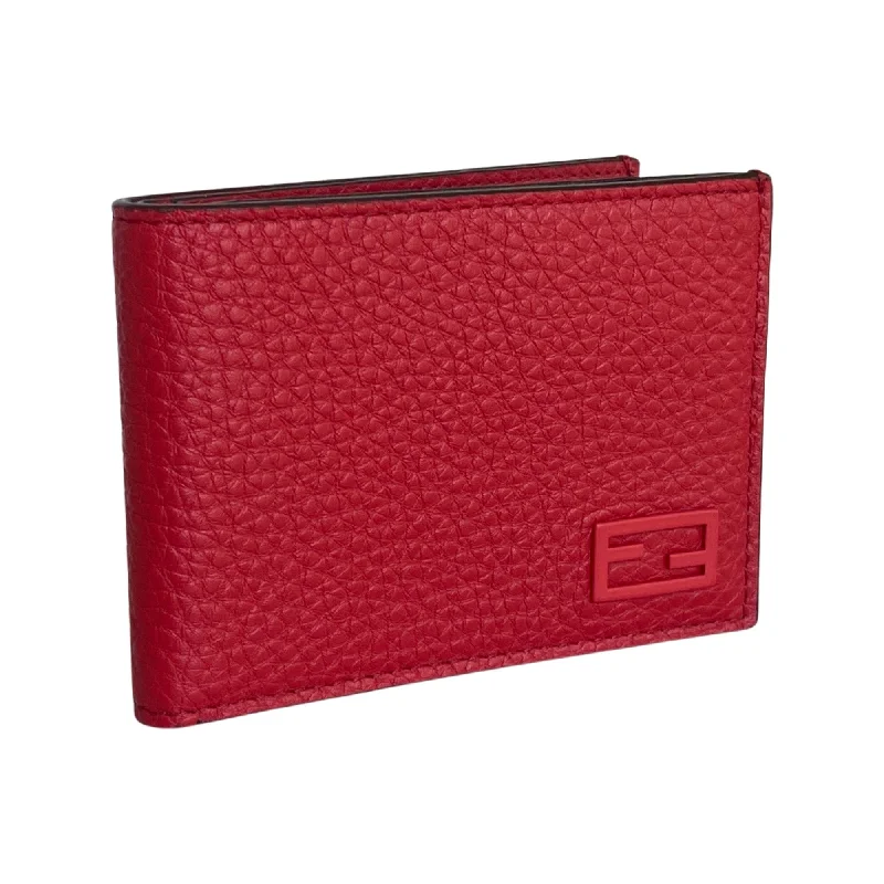 Fendi Red Grained Leather FF Logo Bifold Wallet