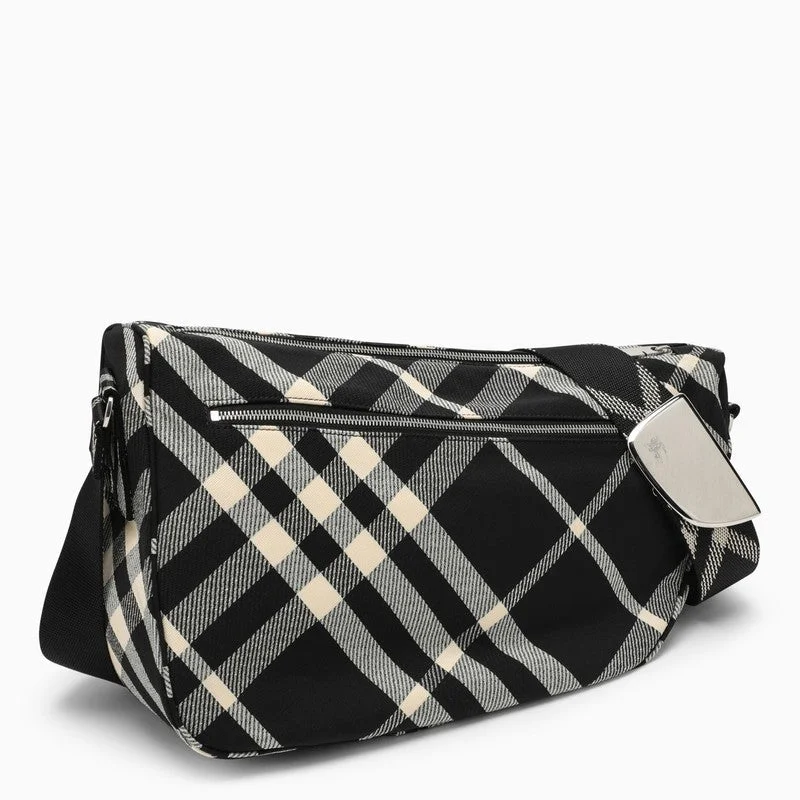 Burberry Shield Large Messenger Bag Black/Calico Cotton Blend With Check Pattern Men