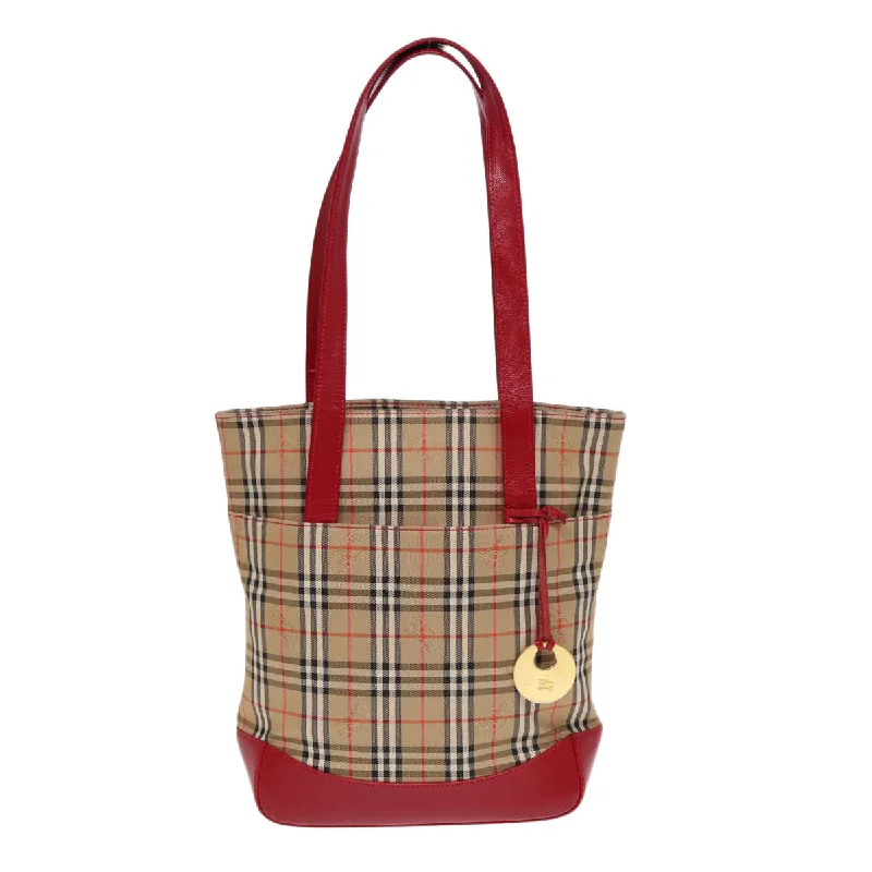 BURBERRY Nova Check Tote Bag Canvas Leather Beige Gold Red  86159