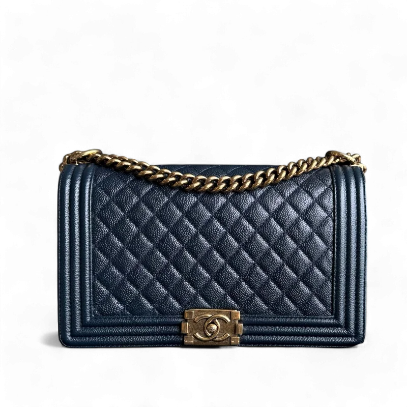 Chanel Boy Medium - Caviar 28CM New Medium Dark Blue Ruthenium Gold Hardware Series 19