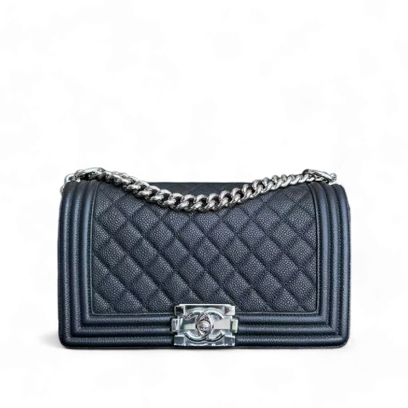 Chanel Boy Medium - 25CM Iridescent Caviar Quilted Calfskin Black Silver Hardware Series 17