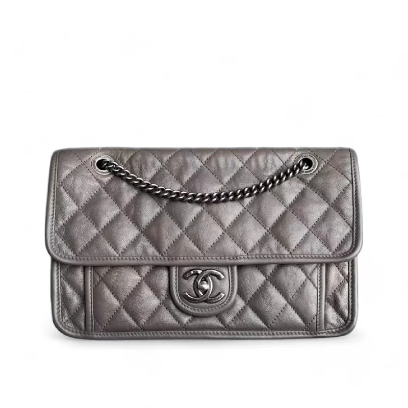 Chanel Flap French Riviera - Calfskin 28CM Grey Quilted Gray Ruthenium Palladium Silver Hardware Series 20