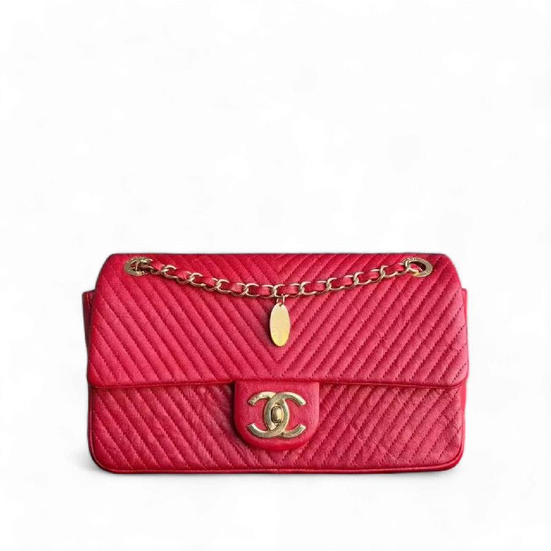 Chanel Herringbone Medallion - Chevron Seasonal Flap Red Calfskin Aged Gold Hardware Series 21