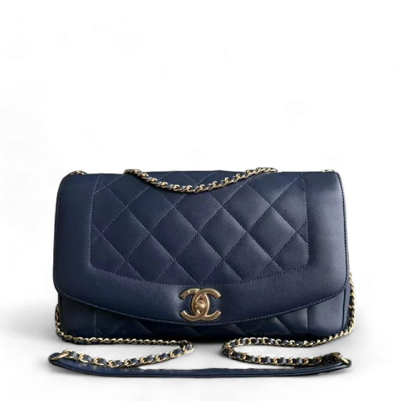 *Rare 2015 Re-issue* Chanel Diana - 28CM Quilted Lambskin Dark Blue Gold Hardware Series 20