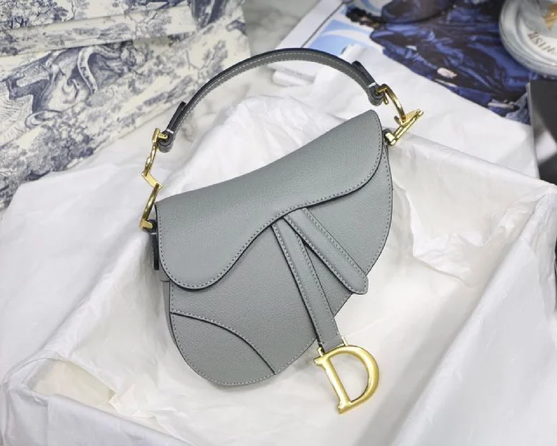 Christian Dior Saddle Bag Light Blue Grained Gold Toned Hardware Canvas