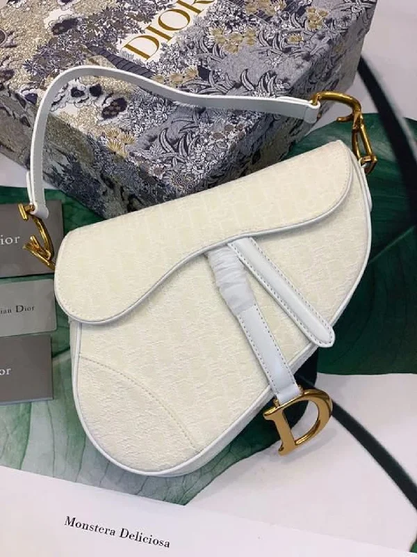 Christian Dior Saddle Bag White Oblique Embroidered Canvas Gold Toned Hardware