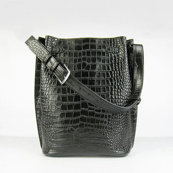 Hermes Crocodile Vein Shoulder Bag H2804 Black Silver