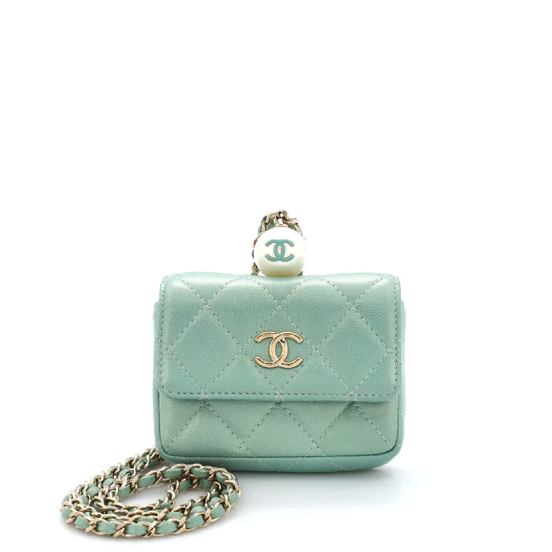 CC Pearl Coin Card Holder with Chain Quilted Iridescent Caviar