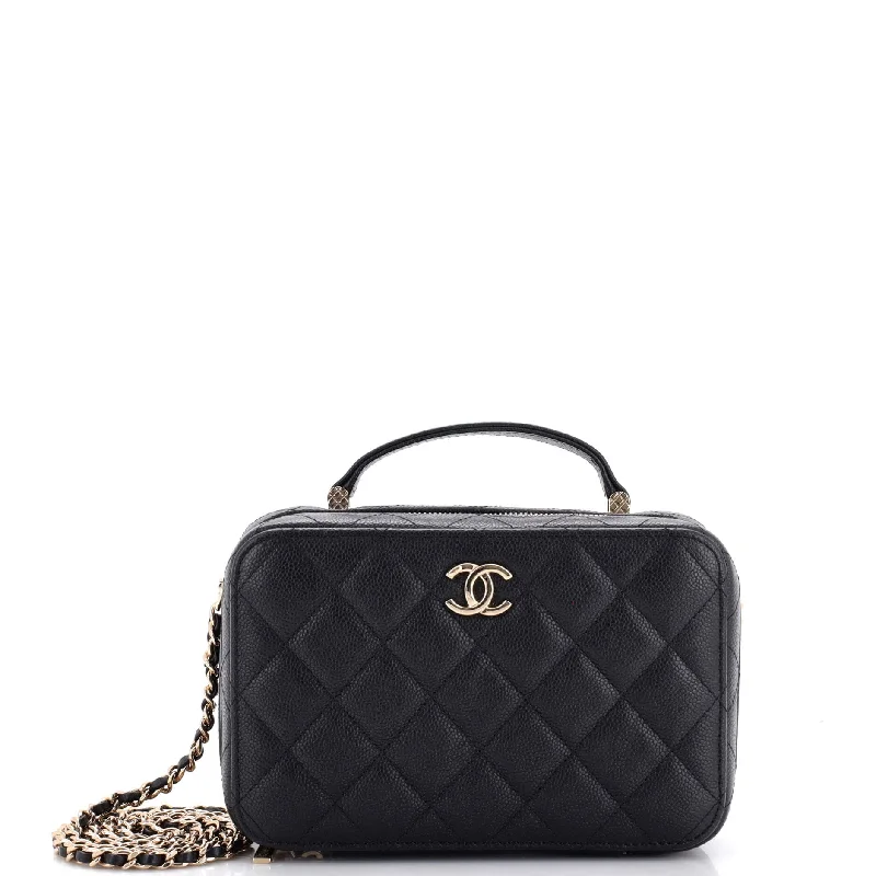 CC Zip Around Top Handle Vanity Case with Chain Quilted Caviar Small