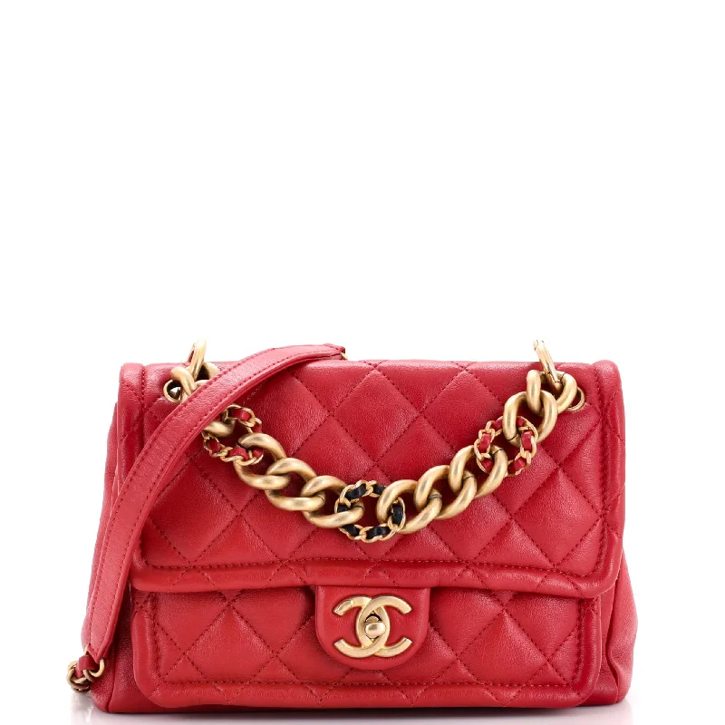 Woven Chain Link CC Top Handle Flap Bag Quilted Lambskin Small