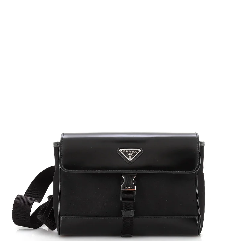 Buckle Flap Crossbody Bag Re-Nylon and Leather Small